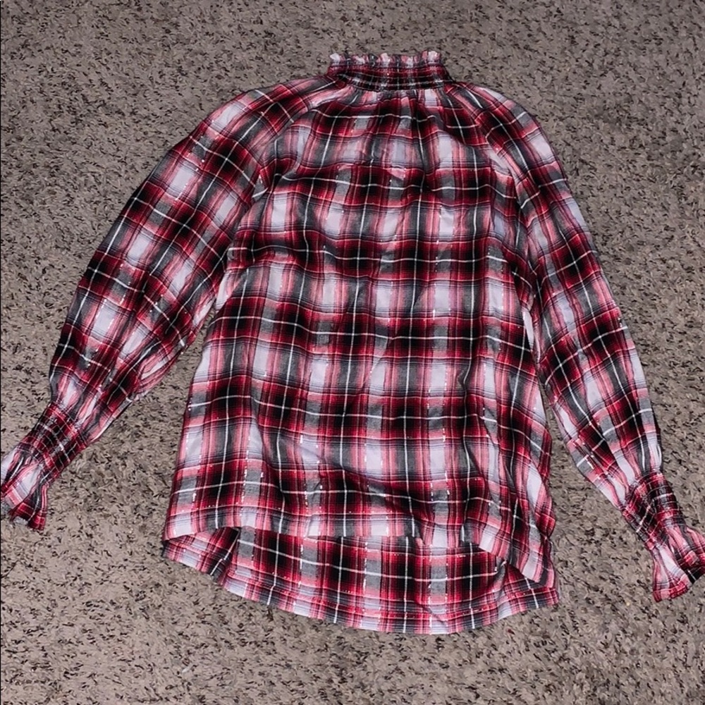 Ruffled red, black and white plaid shirt